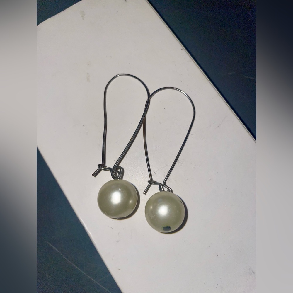 Fun, Vintage, Long, Dangly, Large, Faux Pearl Drop Wire Hang Earrings